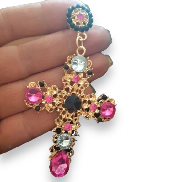 Gold Rosette Crystal Hanging Cross Statement Post Earrings NEW - Picture 3 of 4